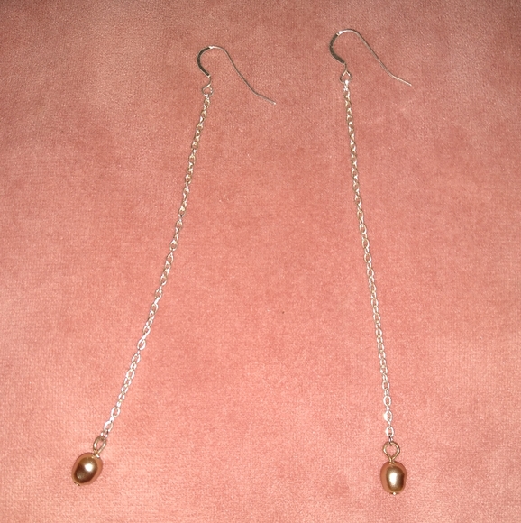 Solid 925 Sterling Silver Long Chain Champagne Pearl Handmade Earrings New - Picture 6 of 9